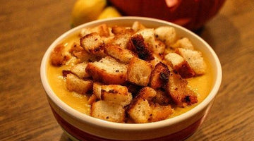 Pumpkin Bisque with Parmesan Seeded Bread Croutons