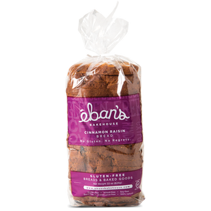 Individual loaf of gluten-free Cinnamon Raisin Bread from Éban's Bakehouse in packaging