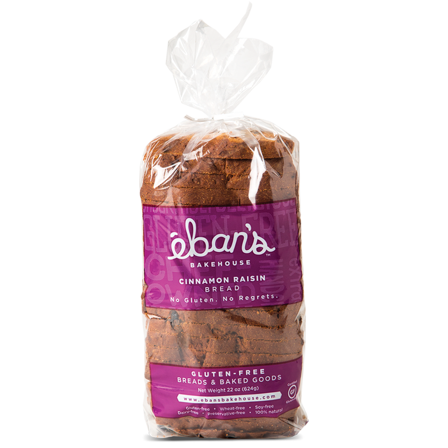 Individual loaf of gluten-free Cinnamon Raisin Bread from Éban's Bakehouse in packaging