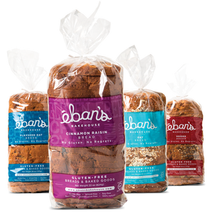 All four varieties of gluten-free bread from Éban's Bakehouse in packaging
