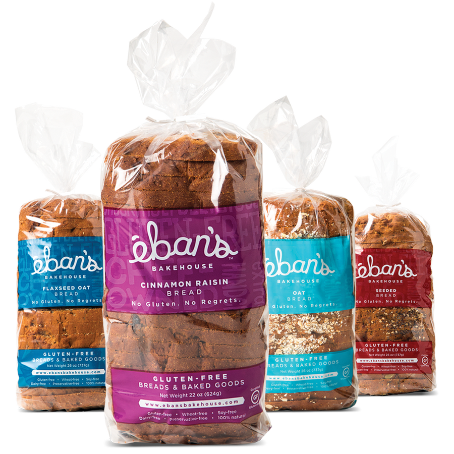 All four varieties of gluten-free bread from Éban's Bakehouse in packaging