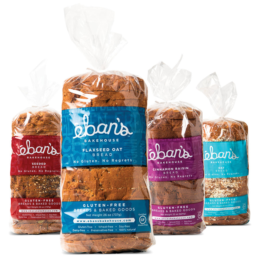  All four varieties of gluten-free bread from Éban's Bakehouse in packaging