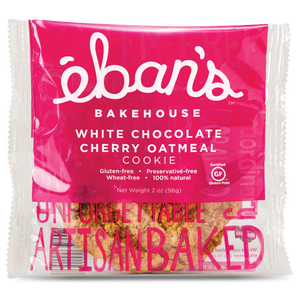 Individually packaged Gluten-free White Chocolate Cherry Oatmeal cookie from Éban's Bakehouse
