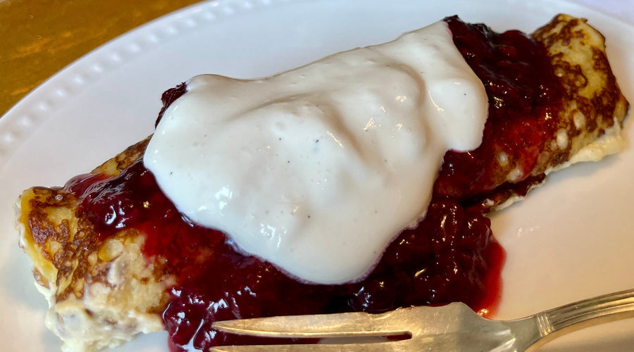 GF LEMON CHEESE BLINTZES with BLUEBERRY SAUCE
