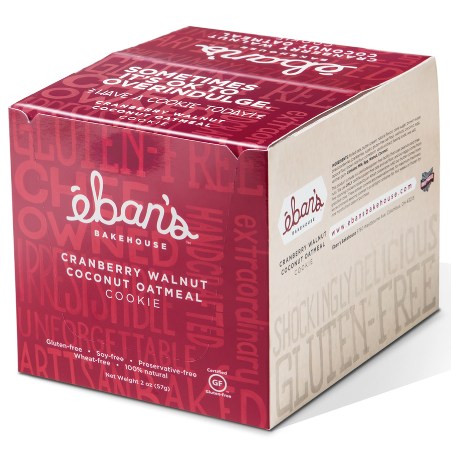 Individually packed gluten-free cookies from Éban's Bakehouse in closed point of purchase packaging