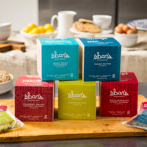 All five varieties of individually packed gluten-free cookies from Éban's Bakehouse in closed point of purchase packaging
