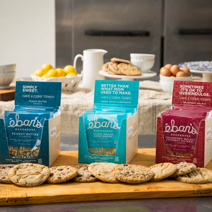 All five varieties of individually packed gluten-free cookies from Éban's Bakehouse in open point of purchase packaging