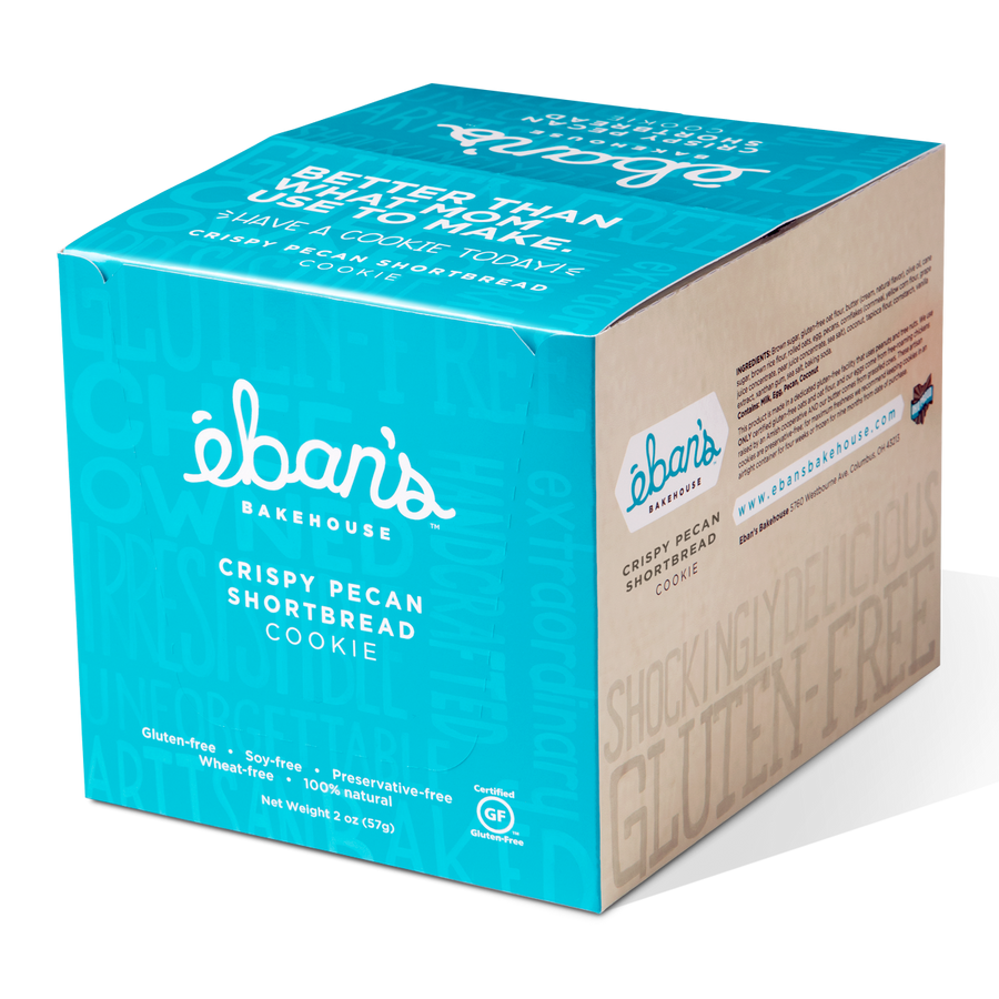 Individually packed gluten-free cookies from Éban's Bakehouse in closed point of purchase packaging