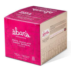 Five varieties of individually packed gluten-free cookies from Éban's Bakehouse in closed point of purchase packaging